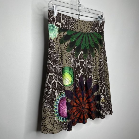 Desigual Brown Python Snake Print Floral Embroidered Beaded Sequins Skirt - Picture 2 of 6